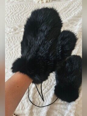 Real Rabbit Fur Gloves Plush Black Full Fur Mittens OS Detachable Cord